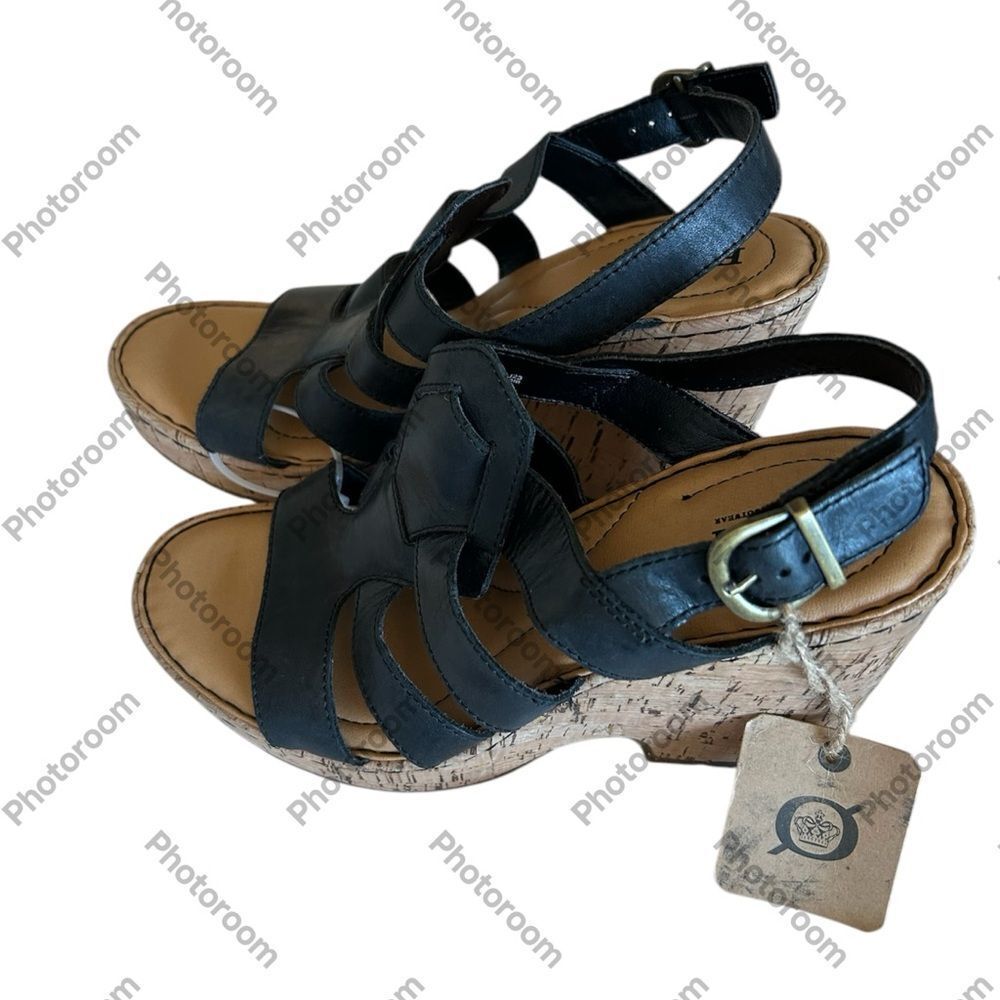 BORN Ankle Strap Sandals Wedge Cork Heels, Black, Size 10,NWT no box